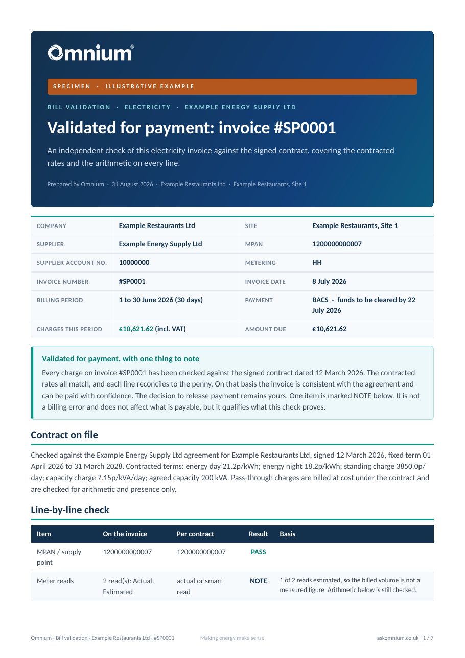 First page of the bill validation example report