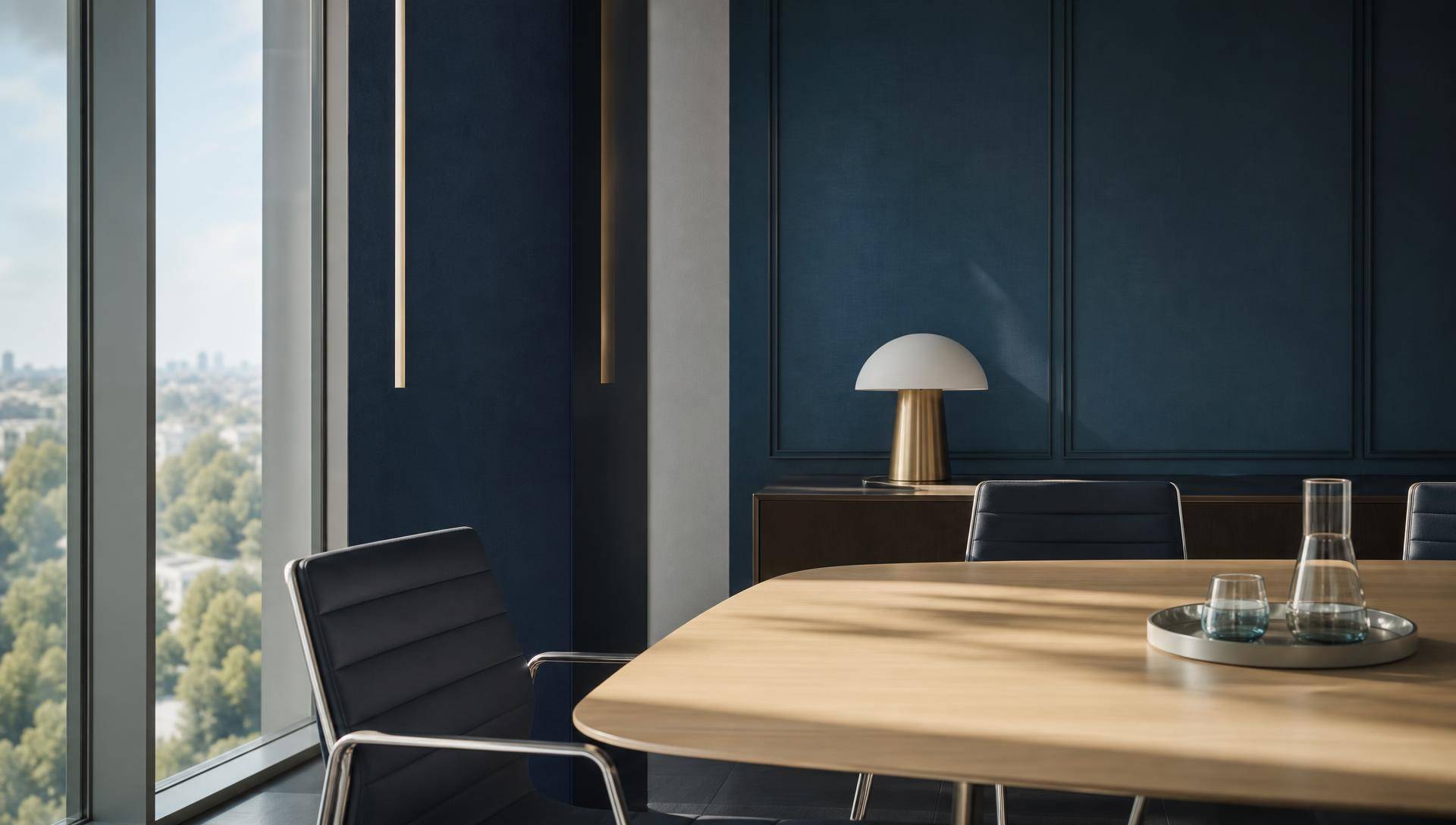 A meeting room with a light timber table, black leather chairs and a glass water jug, beside a full-height window looking out over a city.