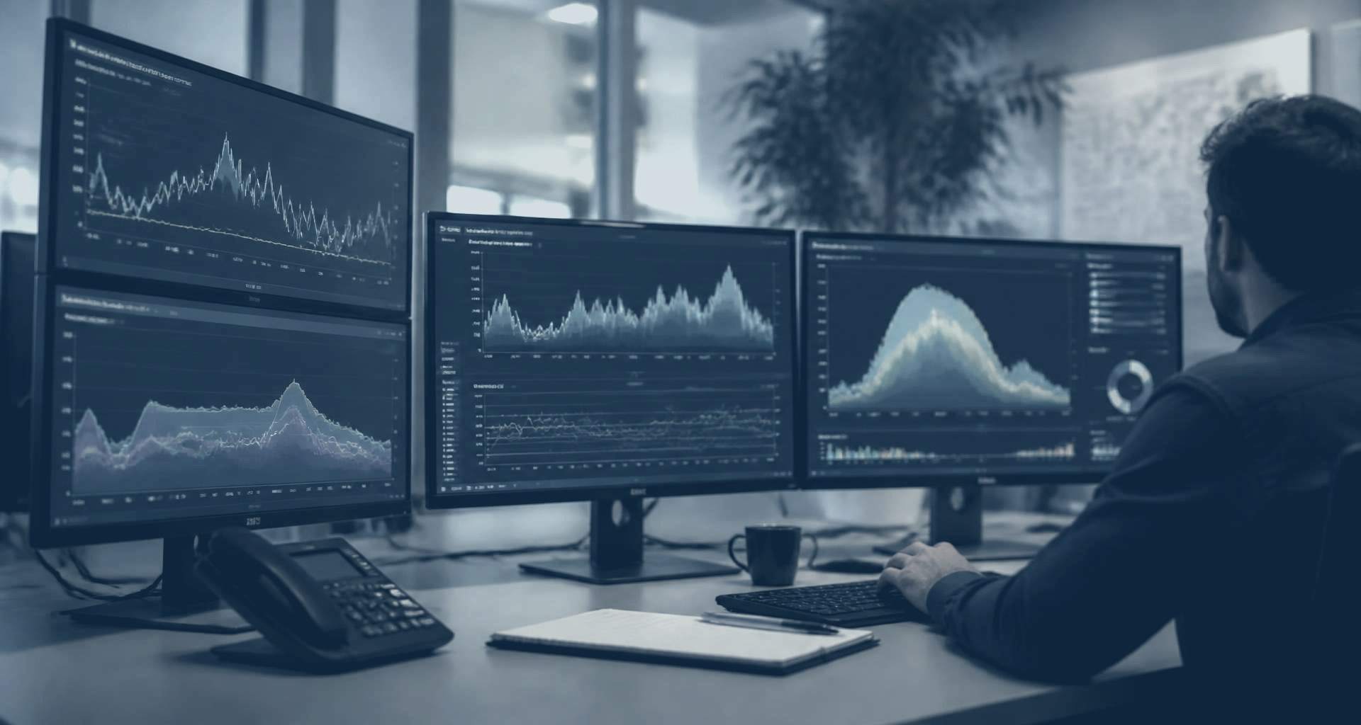 A monitoring desk with four screens showing half-hourly consumption and load profile plots, an analyst working at the keyboard.