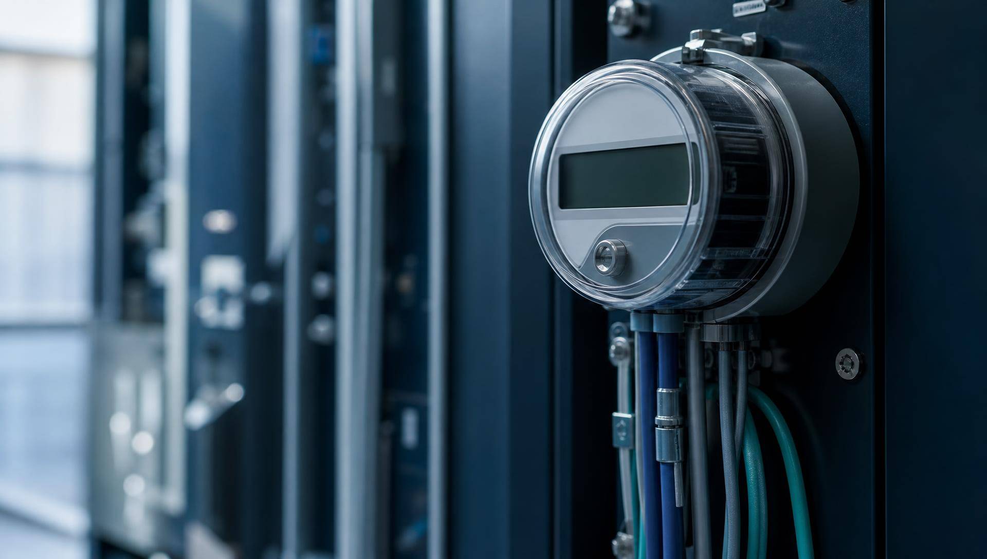 A digital electricity meter mounted inside a metering cabinet, with cabling run to the terminals below it.