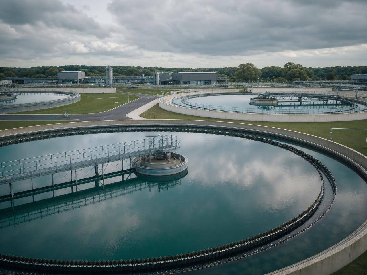 Circular sedimentation tanks at a water treatment works, set in open countryside.
