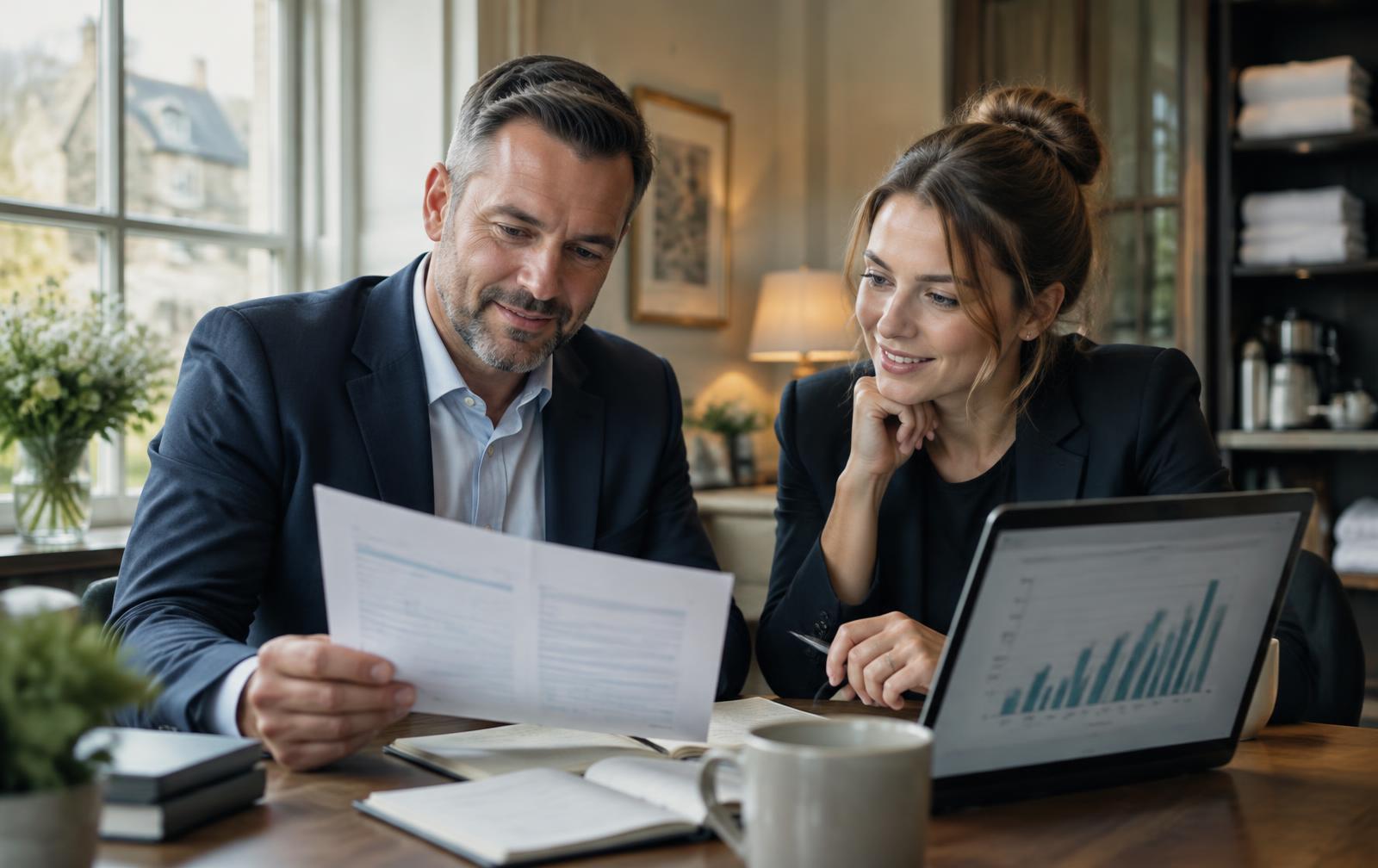 Two people reading through an energy invoice and a usage chart together